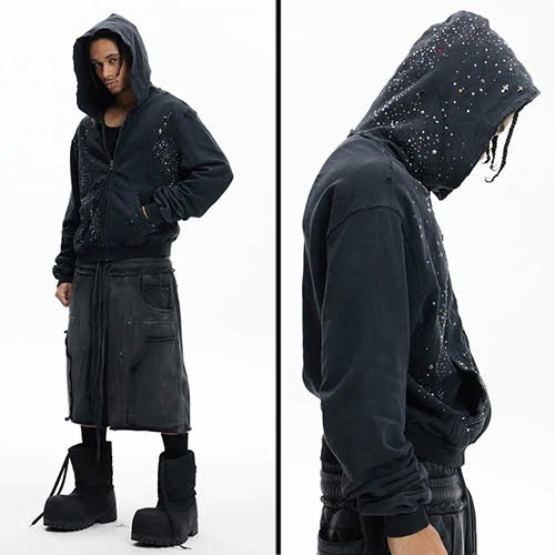 DND4DES RHINESTONE BLACK ZIP-UP HOODIE BLACK | KingStar