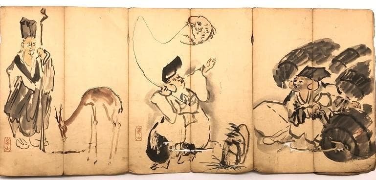 【 渡辺崋山 画帖 】　江戸時代　肉筆手控帖　七福神・鍾馗・花鳥・山水ほか