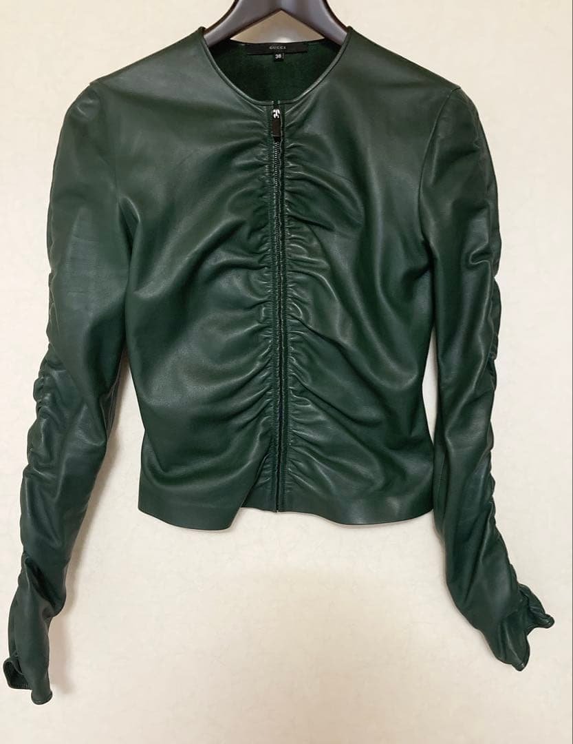 GUCCI ダークグリーン レザージャケット 38 ★匿名配送★ GUCCI Men Leather Jackets 814778 XNA5F 1028 BLACK (GUCCI/レザー