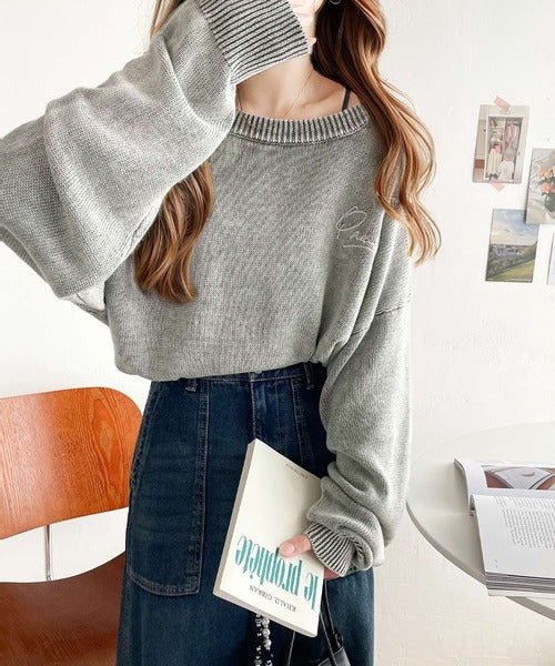 大人可愛いレトロな雰囲気。綿100％ワンポイント刺繍ピグメントニット